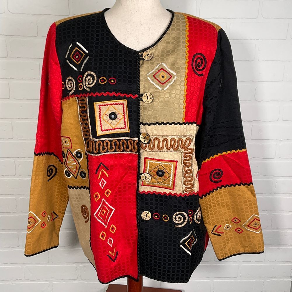 Julia Kim Jacket Women M Red Black Geometric Embroidery Quilt Abstract Boho